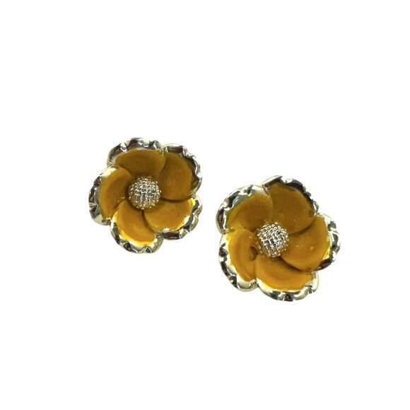 Vtg Flower Clip On Earrings Gold Tone Womens 1 inch Floral Retro - Picture 1 of 7